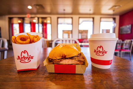 Oklahoma, OCT 28, 2021 - Close up shot of a set of Arbys rib burgerのeditorial素材