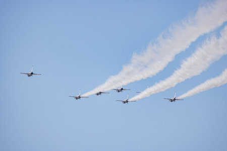 Close up shot of many Thunderbirds F-16 flying at Nevada