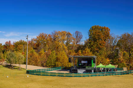 Beautiful fall color of the Gathering Place at Tulsa, Oklahomaの写真素材