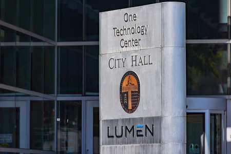 Tulsa, NOV 15 2021 - Sunny view of downtown cityscape and city hallのeditorial素材