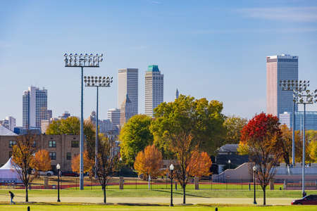 Tulsa, NOV 15 2021 - Sunny view of the downtown skyline from The University of Tulsaのeditorial素材