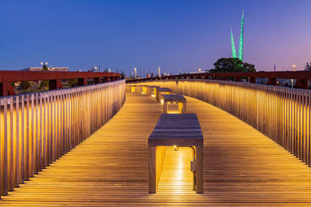 Night view of the bridge in Scissortail Park at Oklahomaの写真素材