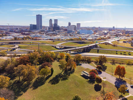 Aerial view of the beautiful fall color of the Owen Park and downtown at Tulsa, Oklahomaのeditorial素材