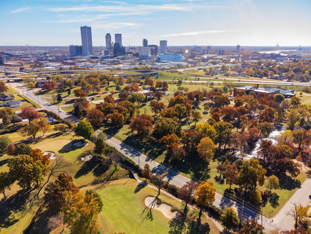 Aerial view of the beautiful fall color of the Owen Park and downtown at Tulsa, Oklahomaのeditorial素材