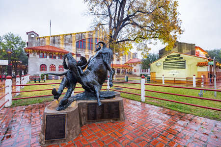 Fort Worth, NOV 27 2021, Rainy view of the Stockyards Championship Rodeo and cityscape of Stock Yardsのeditorial素材