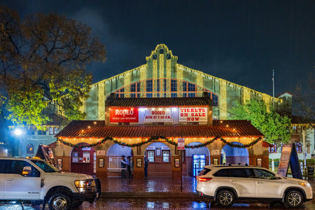 Fort Worth, NOV 27 2021, Rainy view of the Stockyards Championship Rodeo and cityscape of Stock Yardsのeditorial素材