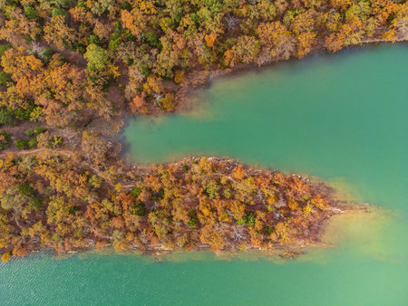 High angle view of the beautiful landscape of Lake Murray State Park at Oklahomaの写真素材