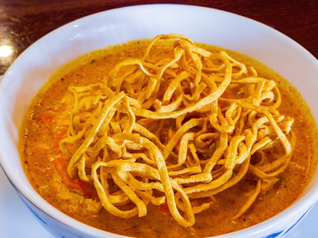 Close up shot of Thai style curry crisp noodle at Oklahoma