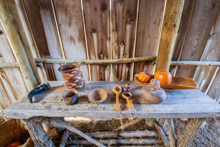 Antique traditional house display in the Chickasaw Cultural Center at Oklahomaのeditorial素材