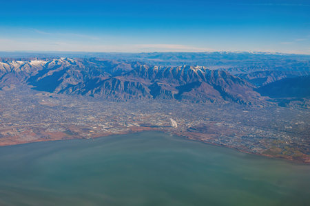 Aerial view of the Utah Lake and city around at Utah, USA
