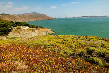Sunny view of the coast landscape near the famous Point Bonita Lighthouse at San Franciscoのeditorial素材