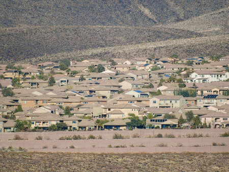 Sunny view of the cityscape saw from Petroglyph Canyon Trail at Las Vegas, Nevadaの写真素材