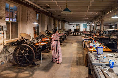Guthrie, DEC 11 2021 - Night view of the Victorian Walk with people dress up in historical outfitsのeditorial素材