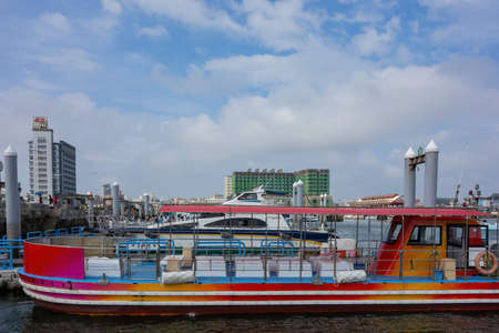 Penghu, Taiwan, JAN 11 2012 - Many fishing vessel parked in the harborのeditorial素材