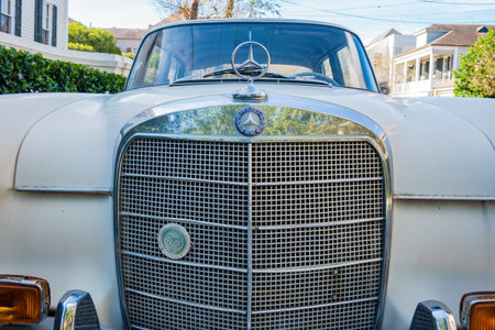 Louisiana, DEC 24 2021 - Close up shot of a antique white Benz, Mercedes Benz car