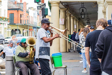 Louisiana, DEC 24 2021 - Daytime view of an African American band doing performance at French Quarterのeditorial素材