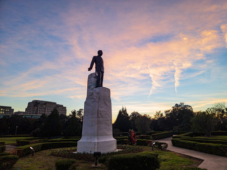 Sunset exterior view of the statue of Louisiana State Capitol at Louisiana