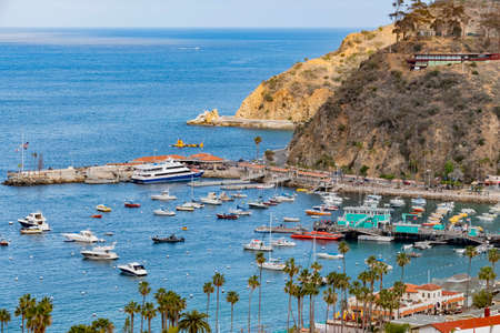 Sunny high angle view of the beautiful Avalon city of Catalina Island at Californiaのeditorial素材