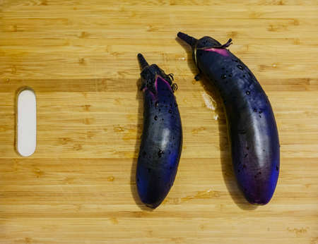 Close up shot of home growth eggplant at Los Angeles, Californiaの写真素材