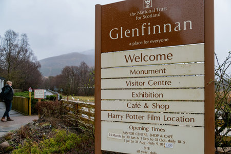 United Kingdom, MAR 26 2015 - Overcast view of a sign in the Glenfinnan Monumentのeditorial素材