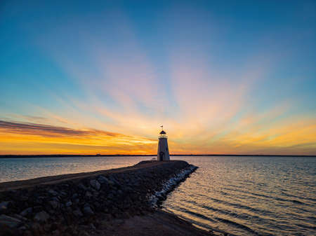 Sunset beautiful landscape of the Lake Hefner lighthouse at Oklahoma Cityの写真素材
