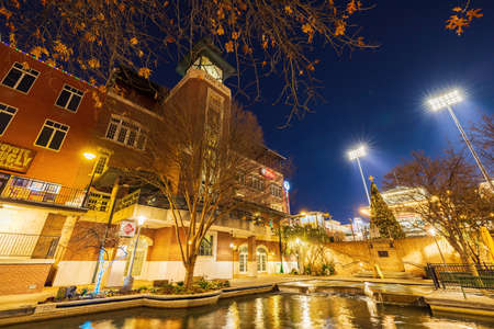 Oklahoma, DEC 20 2021 - Twilight view of christmas decoration in Bricktownのeditorial素材
