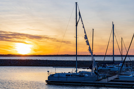 Sunet view of the harbor of Lake Hefner at Oklahomaのeditorial素材