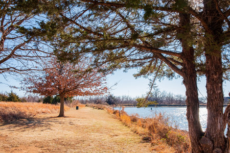 Sunny view of the landscape along the Eagle trail in Oklahoma Christian University at Edmond, Oklahomaのeditorial素材