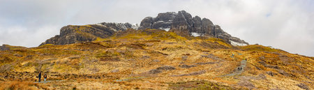 Overcast landscape around the Old Man of Storr, a famous Scene at Scotland