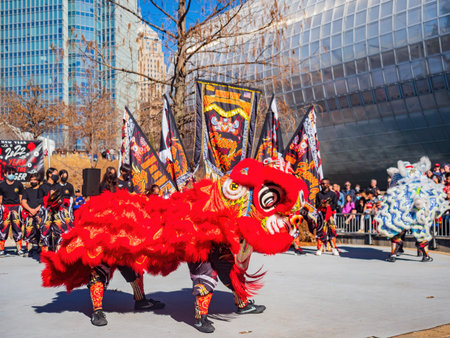 Oklahoma, JAN 29 2022 - Sunny view of the Lion Dance in Lunar New Year Festival