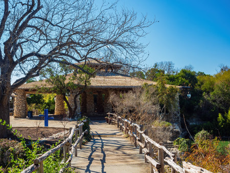 Sunny view of the stone building in Japanese Tea Garden at Texasの写真素材