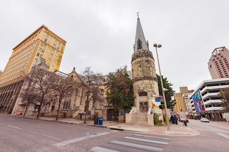 Texas, FEB 2 2022 - Overcast view of the Travis Park Church
