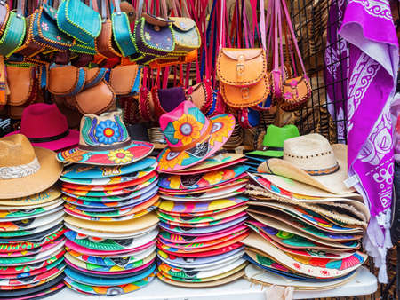 Texas, FEB 2 2022 - Close up shot of many colorful hats in Historic Market Squareのeditorial素材