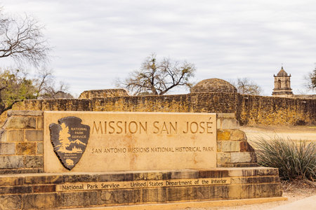 Texas, FEB 4 2022 - Overcast view of the sign of Mission San Jose Church