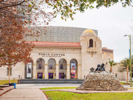 Texas, FEB 2 2022 - Overcast view of the Vietnam War Memorial and Tobin Center for the Performing Artsのeditorial素材