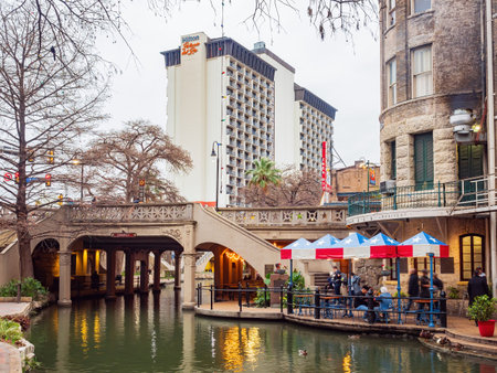 Texas, FEB 2 2022 - Overcast view of the Riverwalkのeditorial素材