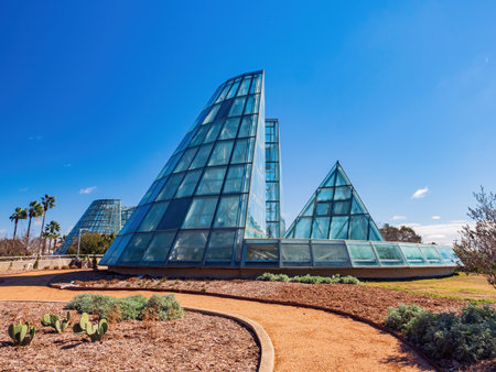 Sunny view of a green house in San Antonio Botanical Garden at Texasのeditorial素材