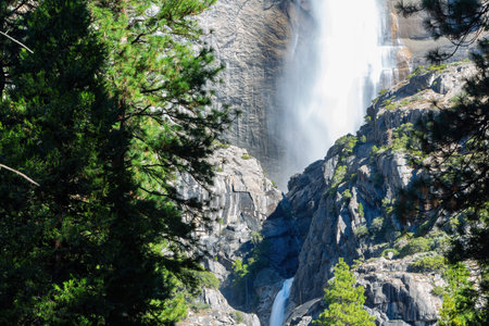 Sunny view of the upper and lower Yosemite Falls of Yosemite National Park at California