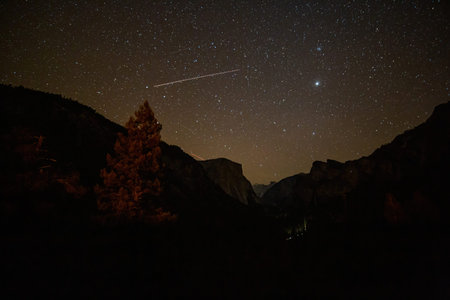 Night view of the Tunnel View of Yosemite National Park at California