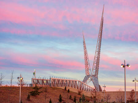 Sunset of the Skydance Bridge at Oklahomaの写真素材