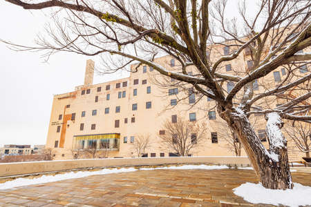 Overcast view of a snowy garden with Survival Tree of Oklahoma City National Memorial and Museum at Oklahomaのeditorial素材