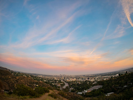 Sunset high angle view of the Los Angeles cityscape from hollywood bowl at California