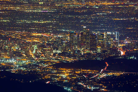 Night aerial view of Los Angeles downtown cityscape at Californiaのeditorial素材