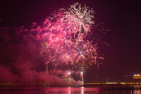 Night view of the New Year fireworks over Macau Tower at Chinaの写真素材