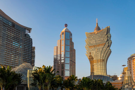 Macao, JAN 2 2017 - Sunset view of the Bank of China and Grand Lisboa Casino