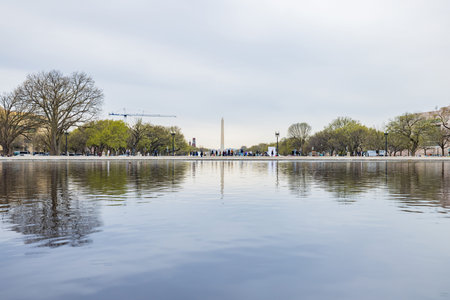 Washington DC, MAR 31 2022 - Overcast view of the Washington Monument with reflectionのeditorial素材