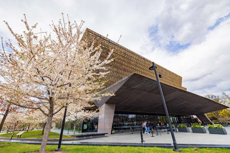 Washington DC, APR 1 2022 - Interior view of the National Museum of African American History and Culture with cherry tree blossomのeditorial素材