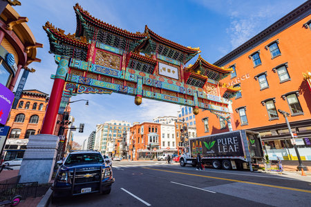 Washington DC, APR 4 2022 - Sunny view of the arch of Chinatownのeditorial素材