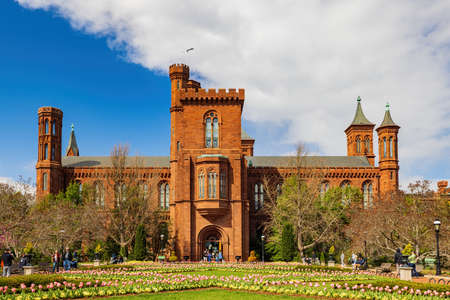 Washington DC, APR 1 2022 - Sunny exterior view of the Smithsonian Castleのeditorial素材
