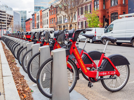 Washington DC, MAR 31 2022 - Close up shot of red Capital bike share bicycleのeditorial素材